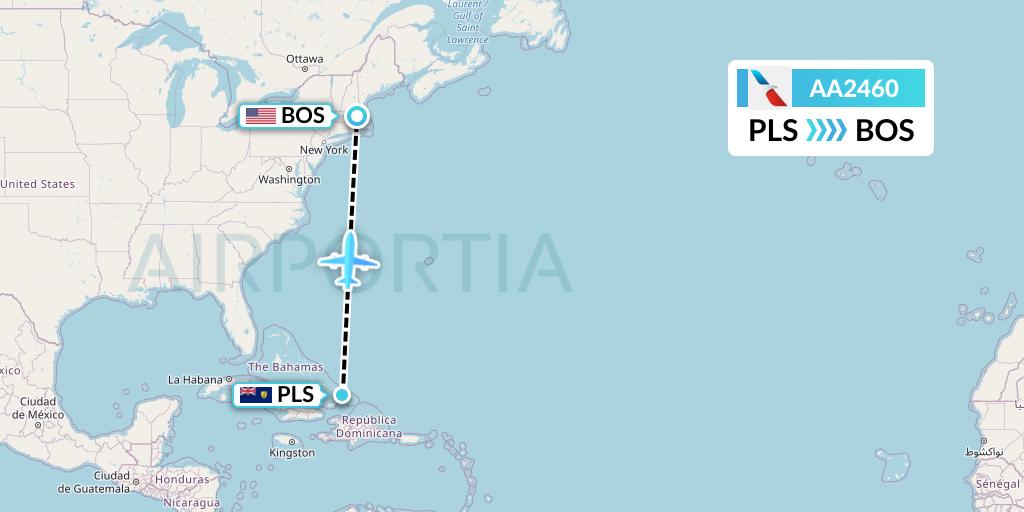 AA2460 American Airlines Flight Map: Providenciales to Boston