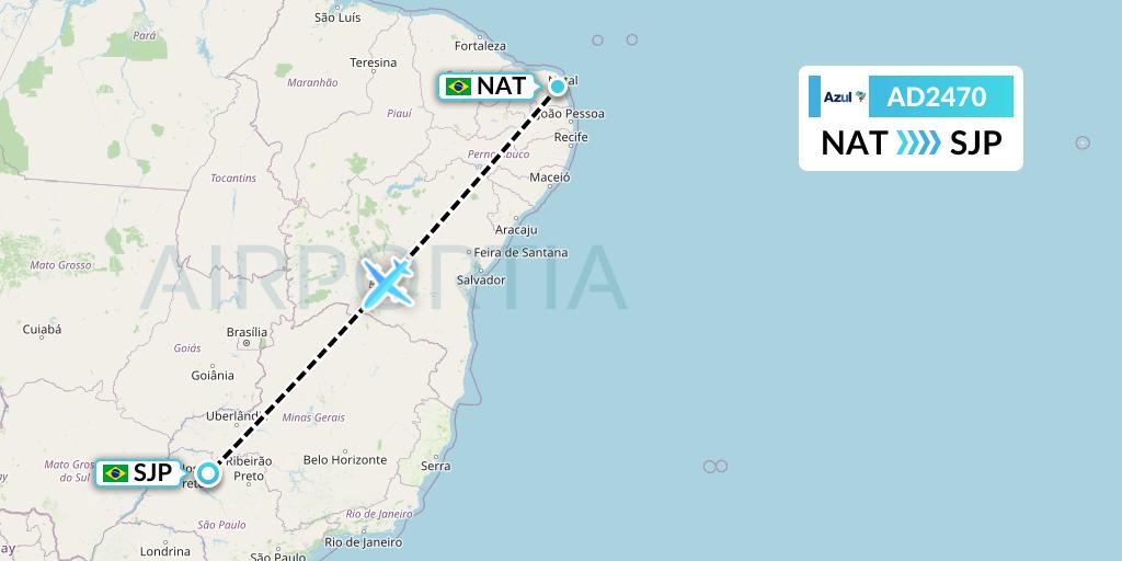 AD2470 Azul Brazilian Airlines Flight Map: Natal to Sao Jose Do Rio Preto