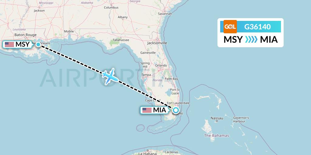 G36140 GOL Transportes Aeros Flight Map: New Orleans to Miami