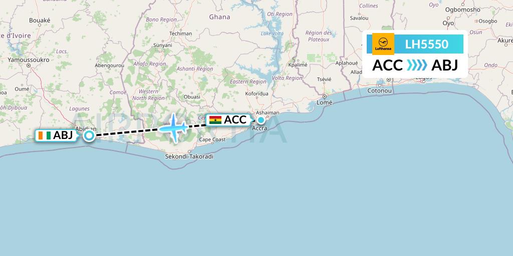 LH5550 Lufthansa Flight Map: Accra to Abidjan