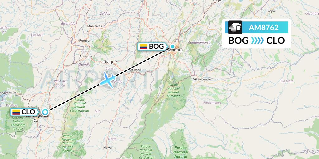AM8762 Aeromexico Flight Map: Bogota to Cali