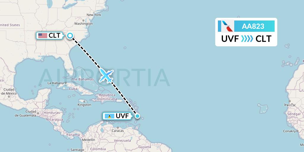 AA823 American Airlines Flight Map: Vieux Fort to Charlotte