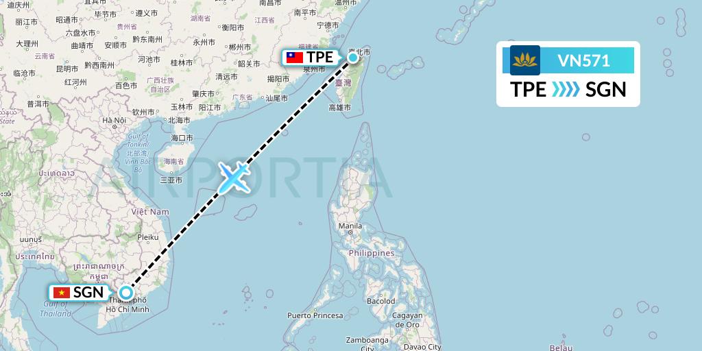 VN571 Vietnam Airlines Flight Map: Taipei to Ho Chi Minh City