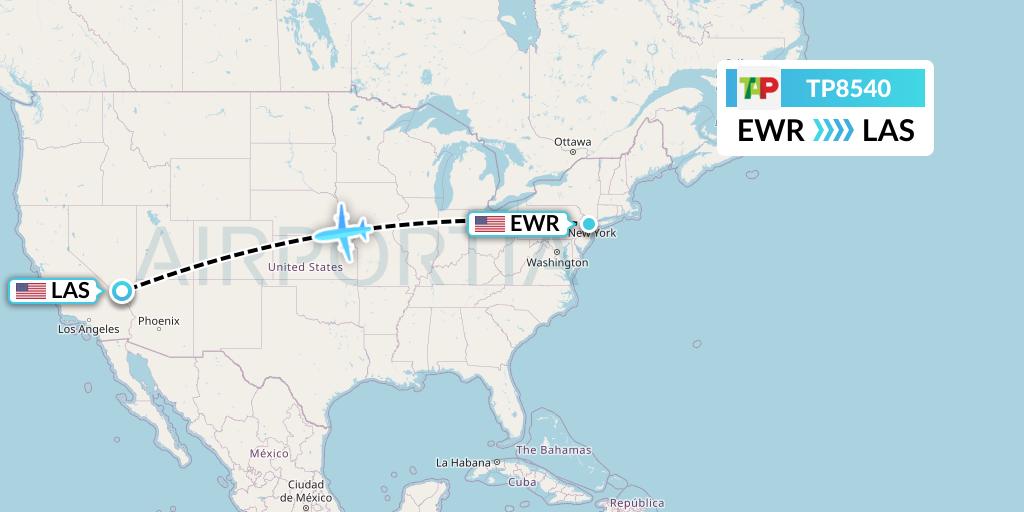 TP8540 TAP Portugal Flight Map: New York to Las Vegas