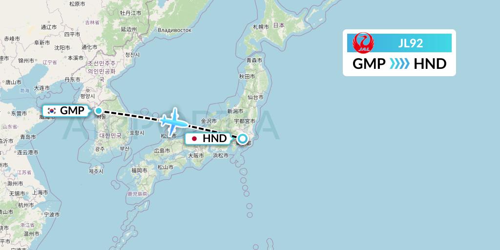 JL92 Japan Airlines Flight Map: Seoul to Tokyo