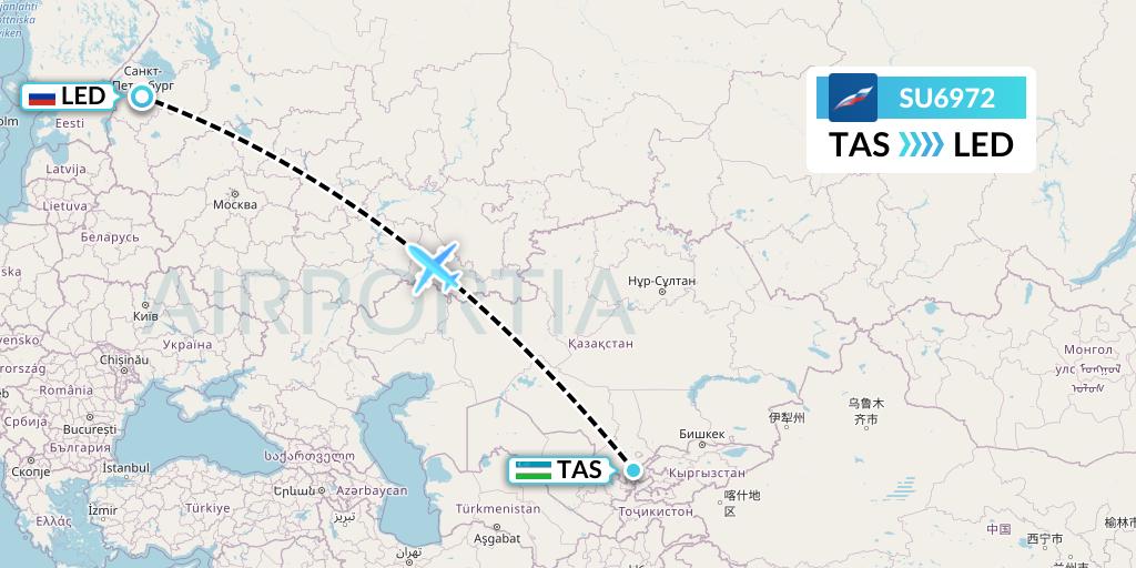 SU6972 Aeroflot Flight Map: Tashkent to St. Petersburg