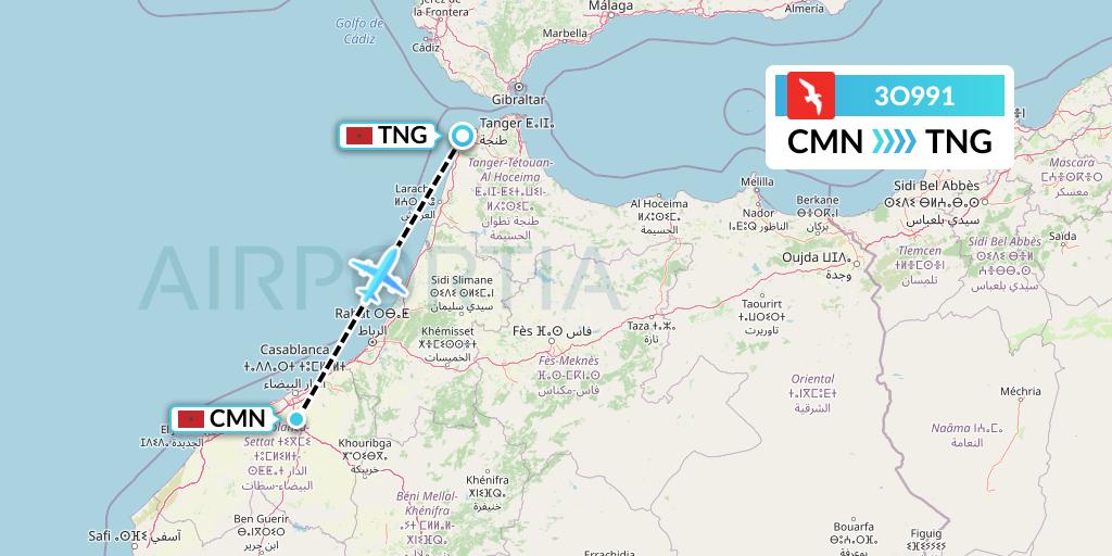 3O991 Air Arabia Maroc Flight Map: Casablanca to Tangier