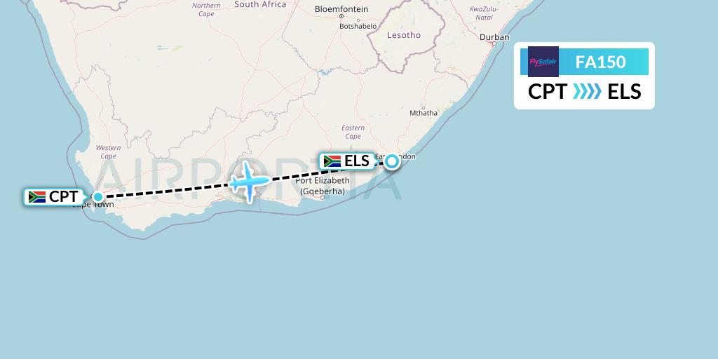 FA150 Safair Flight Map: Cape Town to East London