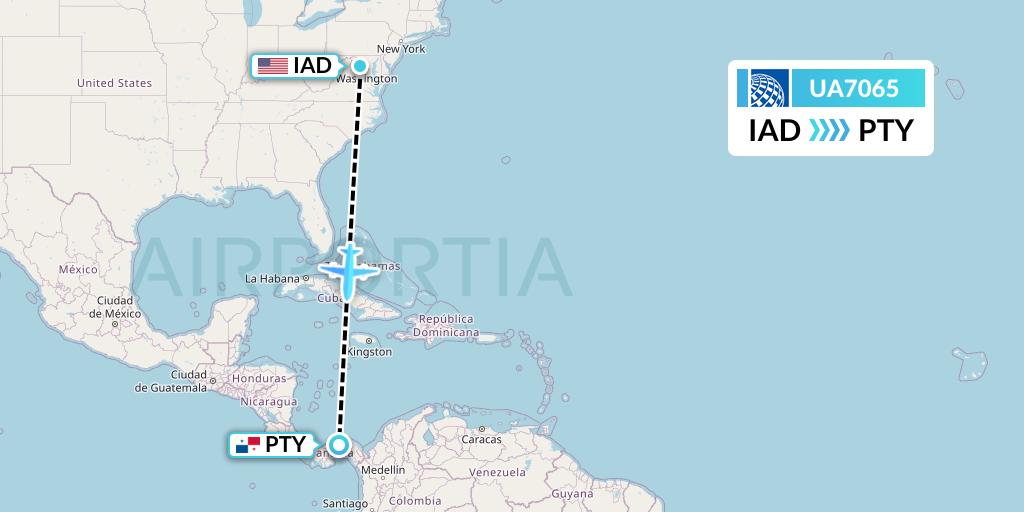 UA7065 United Airlines Flight Map: Washington to Panama City