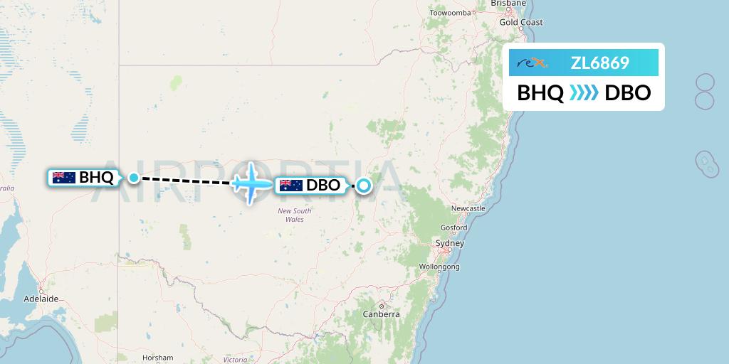 ZL6869 Regional Express Flight Map: Broken Hill to Dubbo