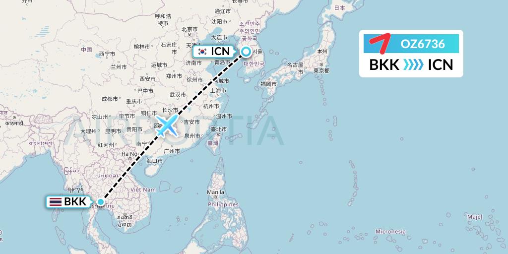 OZ6736 Asiana Airlines Flight Map: Bangkok to Seoul