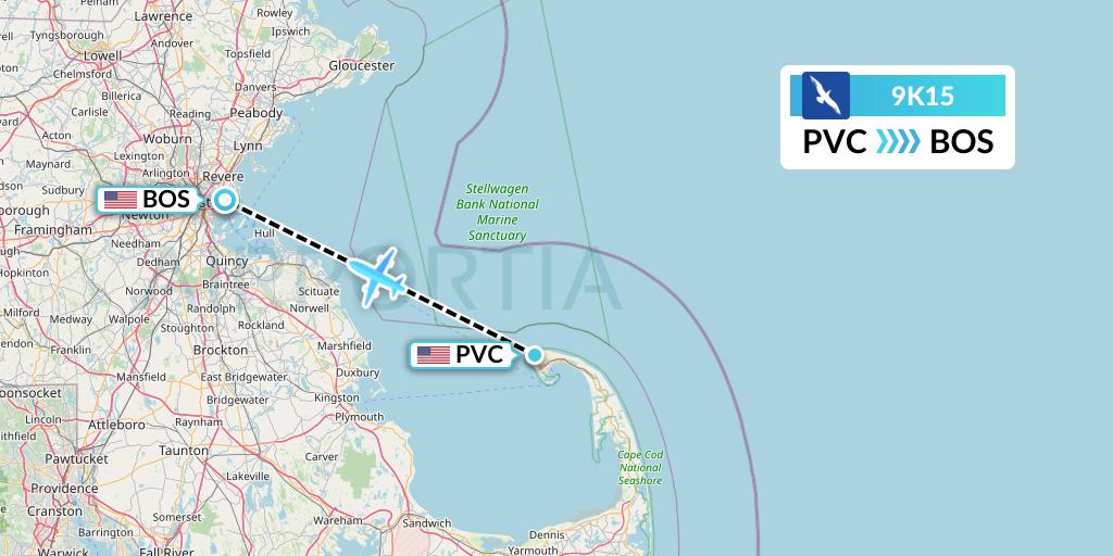 9K15 Cape Air Flight Map: Provincetown to Boston