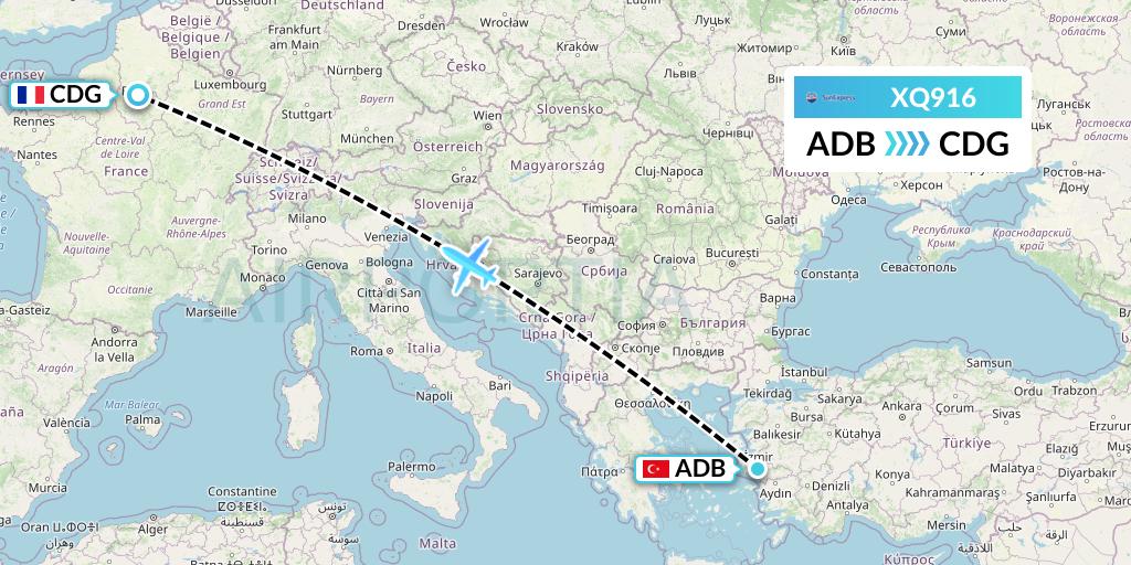 XQ916 SunExpress Flight Map: Izmir to Paris