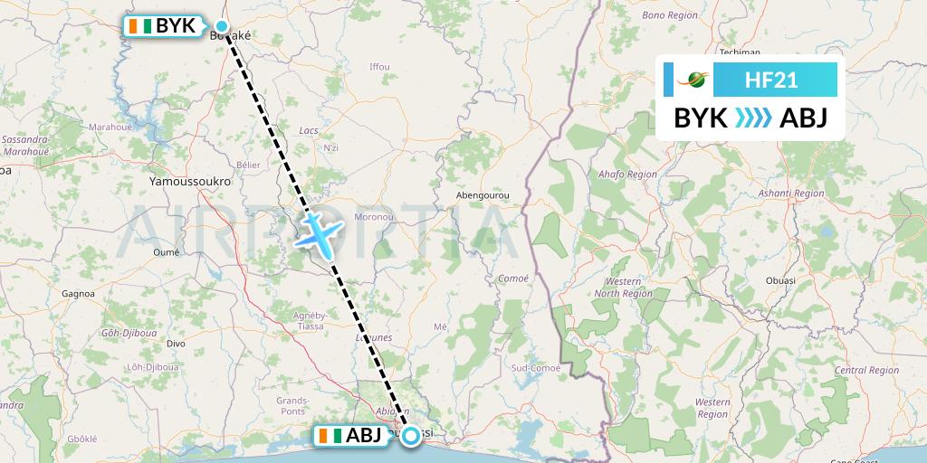 HF21 Air Cote d'Ivoire Flight Map: Ivory Coast to Abidjan
