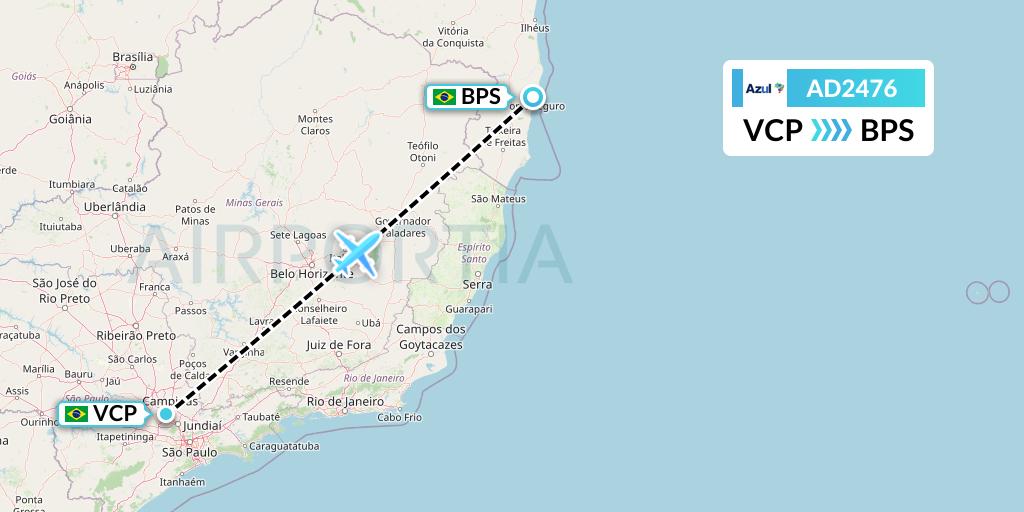 AD2476 Azul Brazilian Airlines Flight Map: Campinas to Porto Seguro