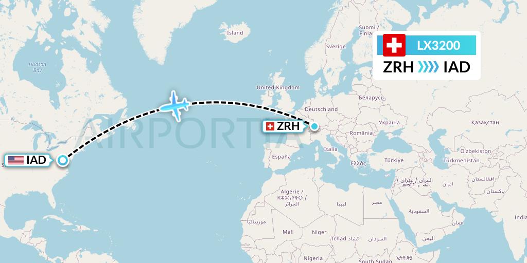 LX3200 Swiss Flight Map: Zurich to Washington
