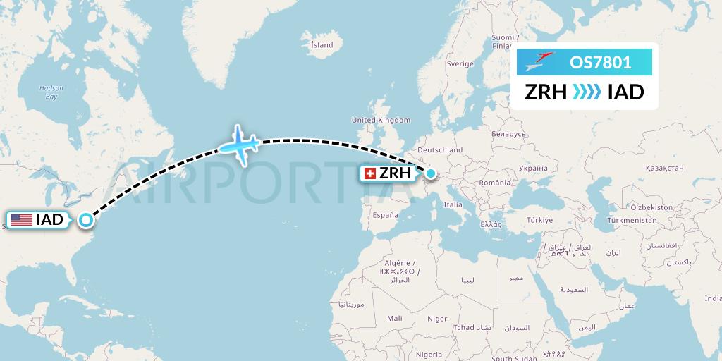 OS7801 Austrian Airlines Flight Map: Zurich to Washington