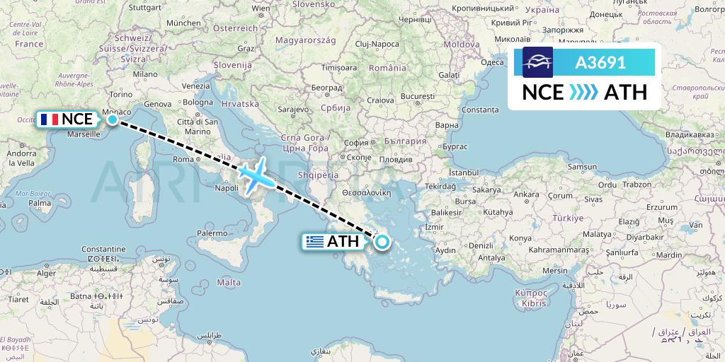 A3691 Aegean Airlines Flight Map: Nice to Athens