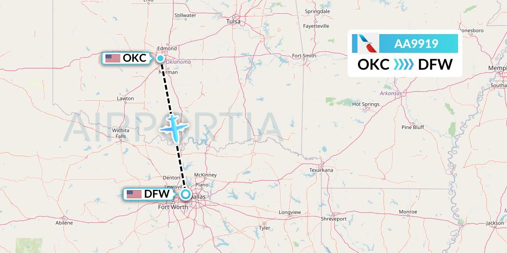 AA9919 American Airlines Flight Map: Oklahoma City to Dallas