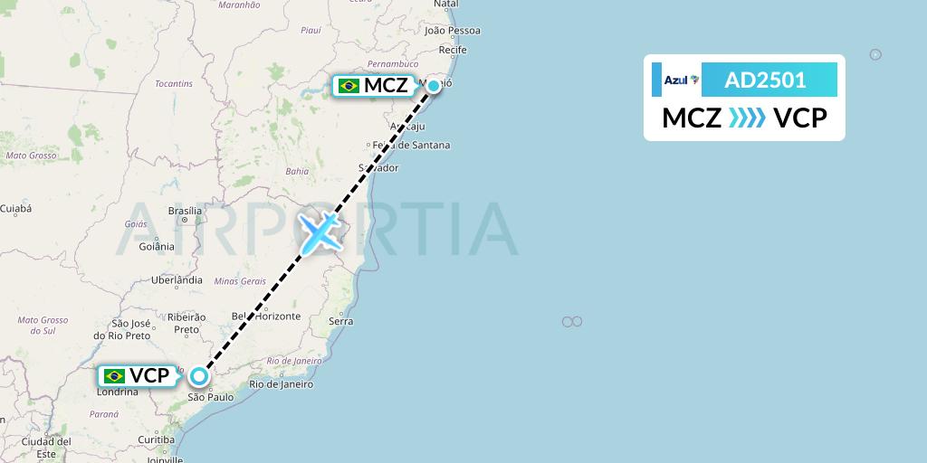 AD2501 Azul Brazilian Airlines Flight Map: Maceio to Campinas