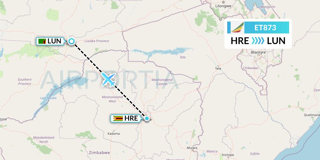 ET873 Ethiopian Airlines Flight Map: Harare to Lusaka