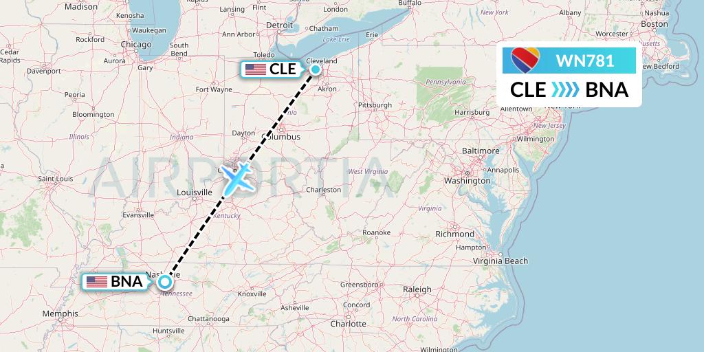 WN781 Southwest Airlines Flight Map: Cleveland to Nashville