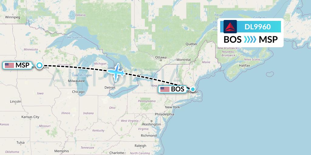 DL9960 Delta Air Lines Flight Map: Boston to Minneapolis