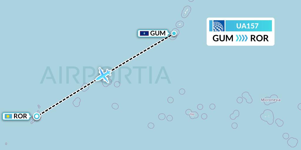 UA157 United Airlines Flight Map: Guam to Airai