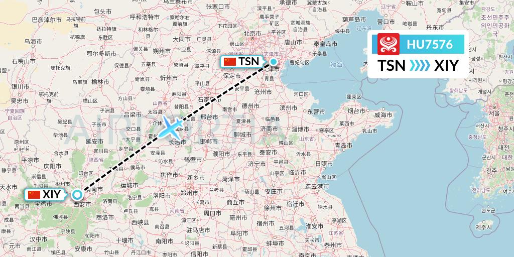 HU7576 Hainan Airlines Flight Map: Tianjin to Xi'an