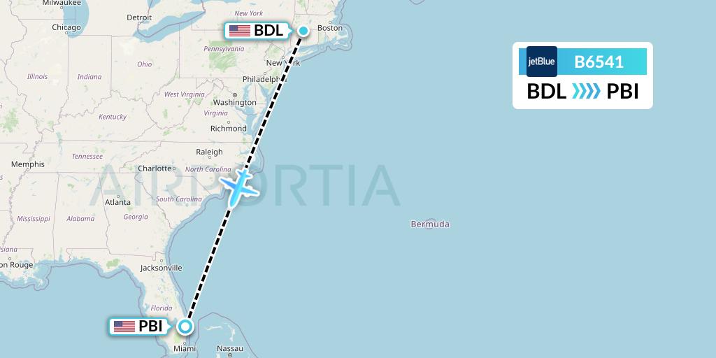 B6541 JetBlue Airways Flight Map: Windsor Locks to West Palm Beach