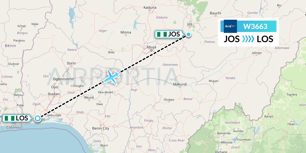 W3663 Arik Air Flight Map: Jos to Lagos