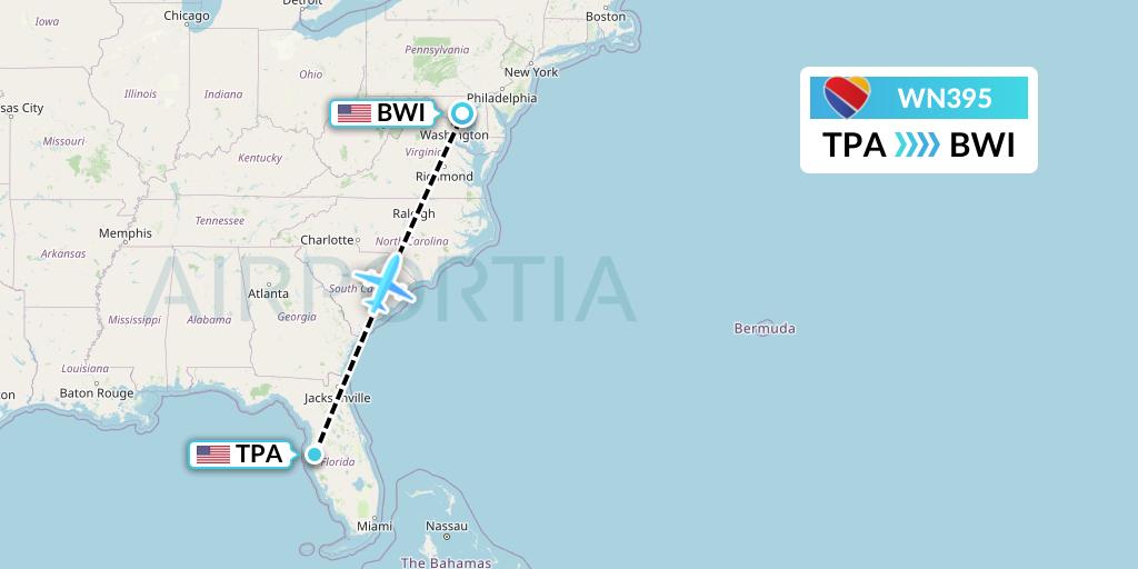 WN395 Southwest Airlines Flight Map: Tampa to Baltimore