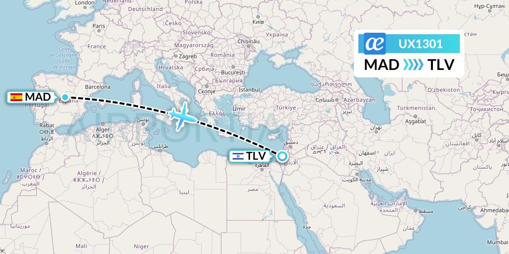 UX1301 Air Europa Flight Map: Madrid to Tel Aviv