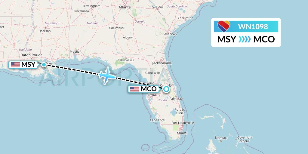 WN1098 Southwest Airlines Flight Map: New Orleans to Orlando