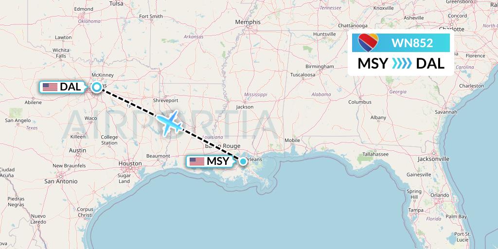 WN852 Southwest Airlines Flight Map: New Orleans to Dallas