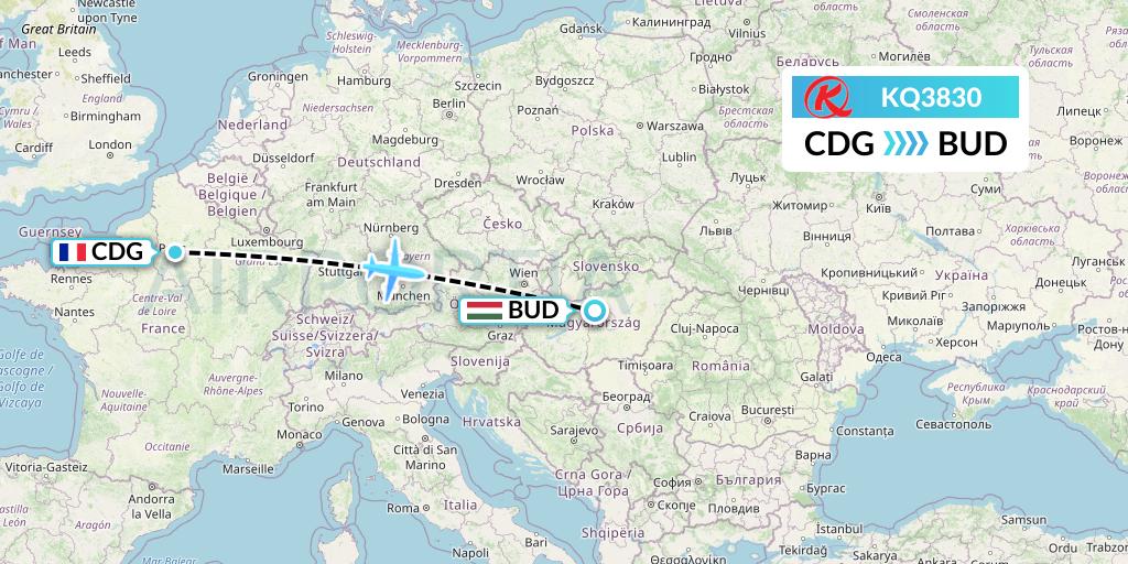 KQ3830 Kenya Airways Flight Map: Paris to Budapest