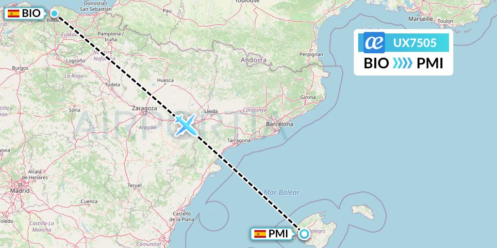 UX7505 Air Europa Flight Map: Bilbao to Palma de Mallorca
