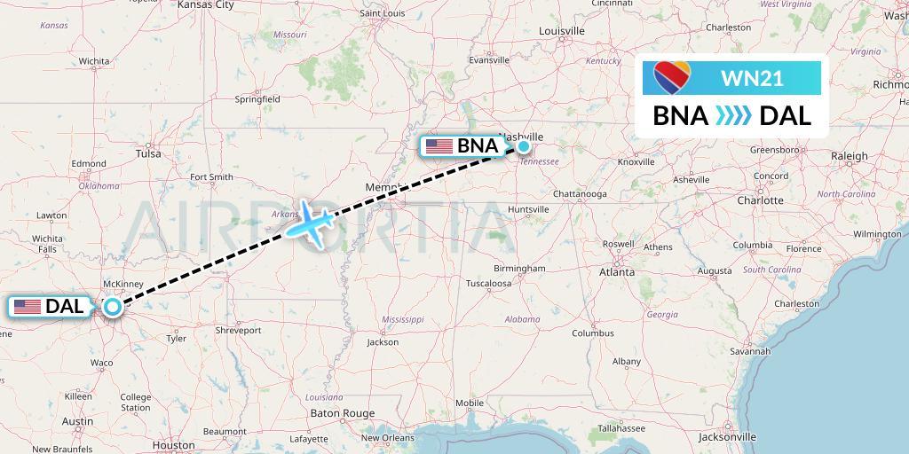 WN21 Southwest Airlines Flight Map: Nashville to Dallas