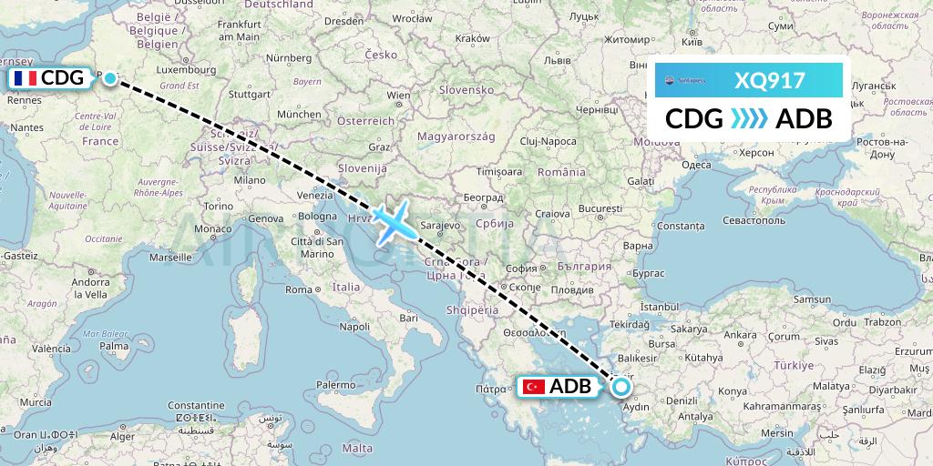 XQ917 SunExpress Flight Map: Paris to Izmir