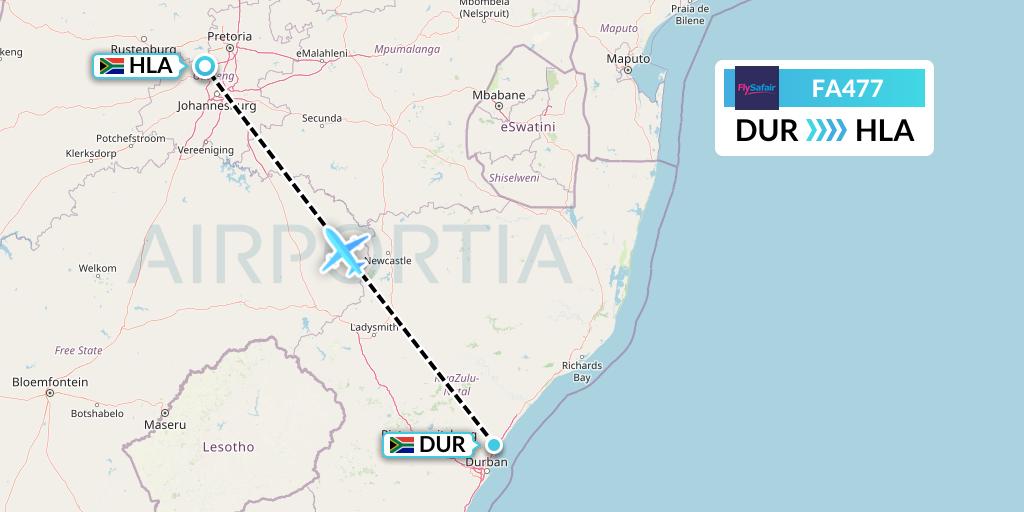 FA477 Safair Flight Map: Durban to Johannesburg