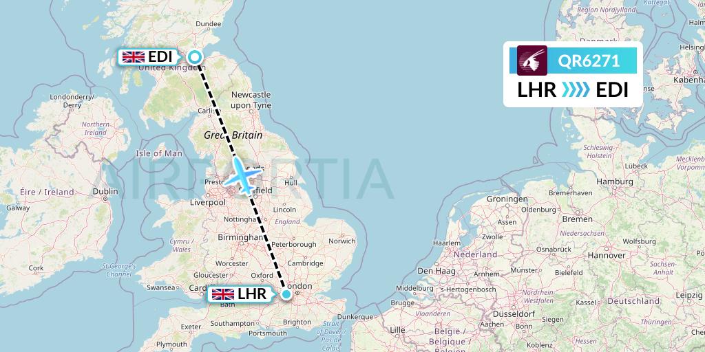 QR6271 Qatar Airways Flight Map: London to Edinburgh