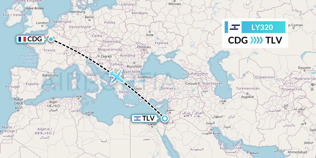 LY320 El Al Flight Map: Paris to Tel Aviv