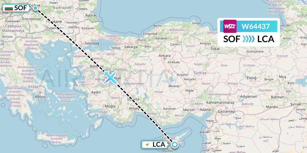 W64437 Wizz Air Flight Map: Sofia to Larnaca