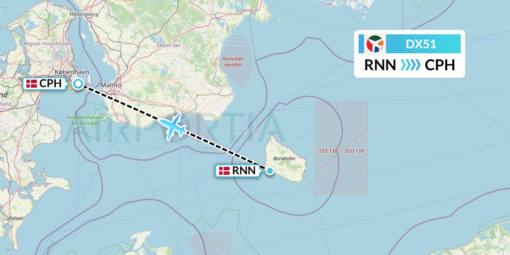 DX51 Danish Air Transport Flight Map: Ronne to Copenhagen