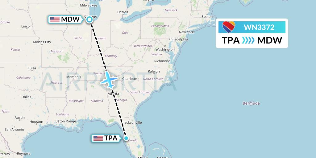 WN3372 Southwest Airlines Flight Map: Tampa to Chicago