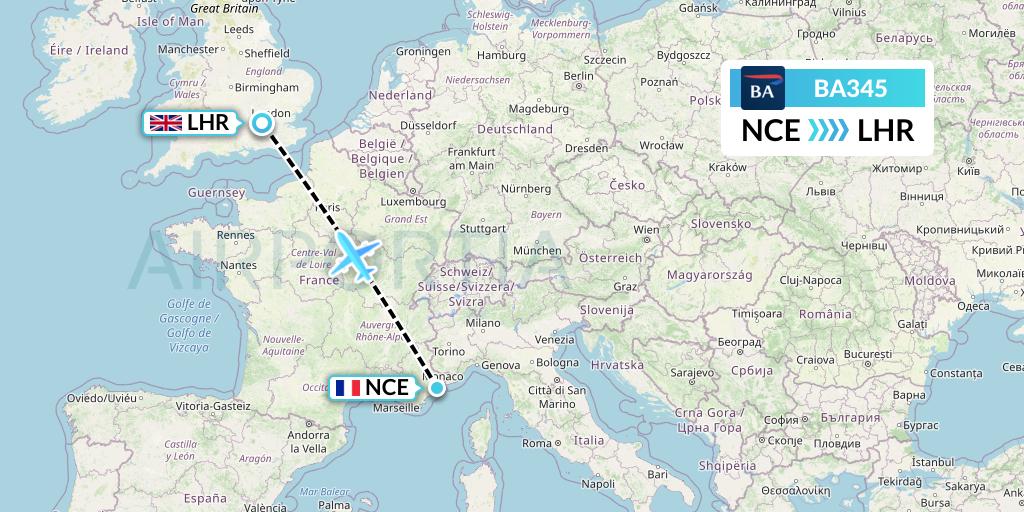BA345 British Airways Flight Map: Nice to London