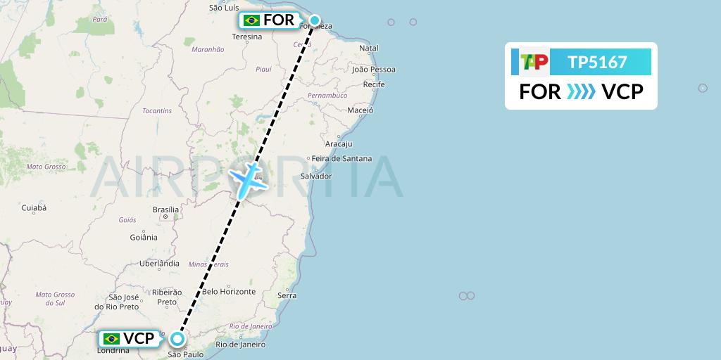 TP5167 TAP Portugal Flight Map: Fortaleza to Campinas