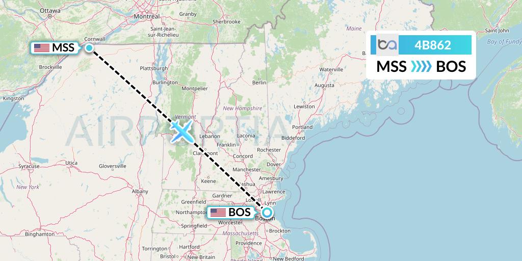 4B862 Boutique Air Flight Map: Massena to Boston