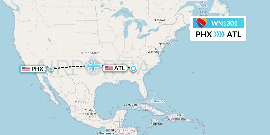 WN1301 Southwest Airlines Flight Map: Phoenix to Atlanta