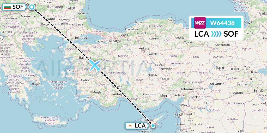 W64438 Wizz Air Flight Map: Larnaca to Sofia